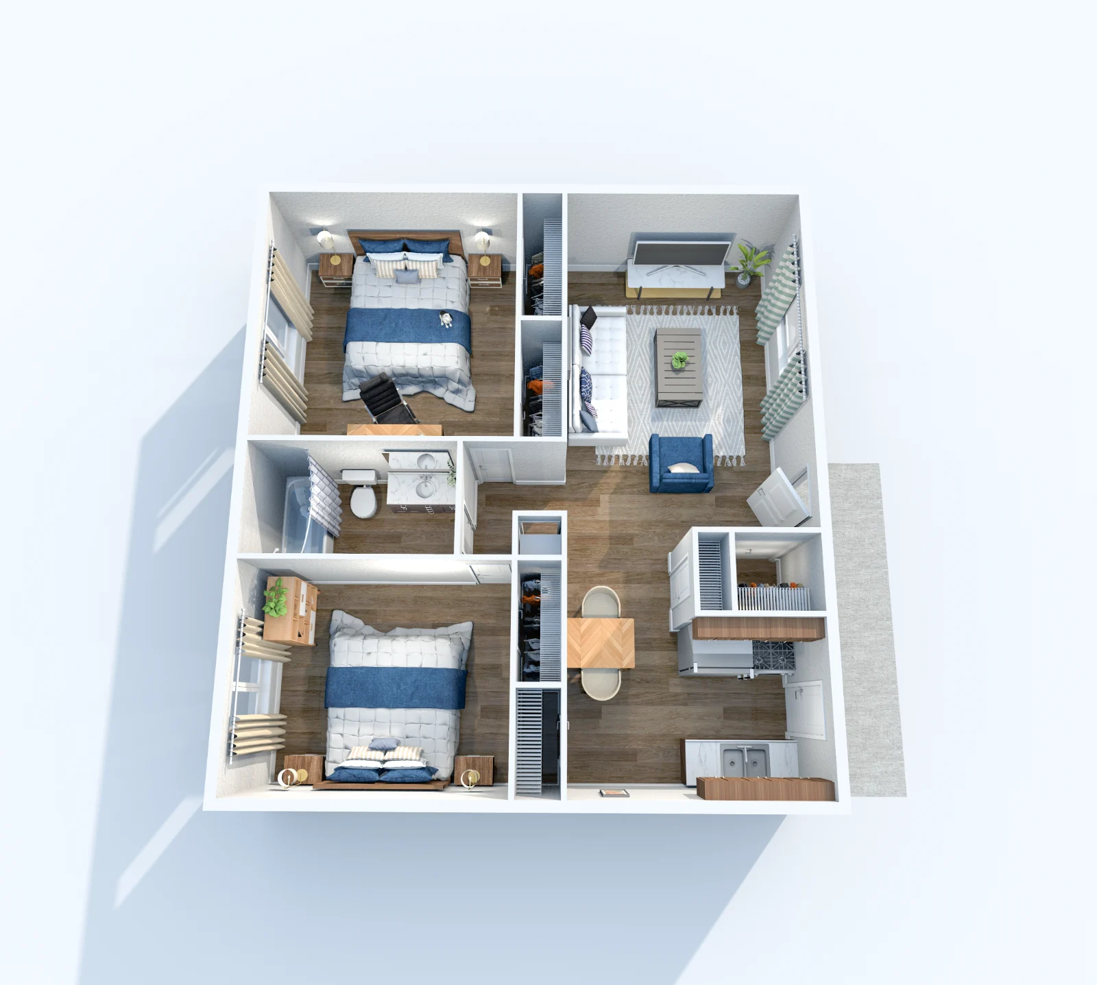 Miramar — floor plan, Plan B1 · 2 bed · 1 bath · 870 sq ft