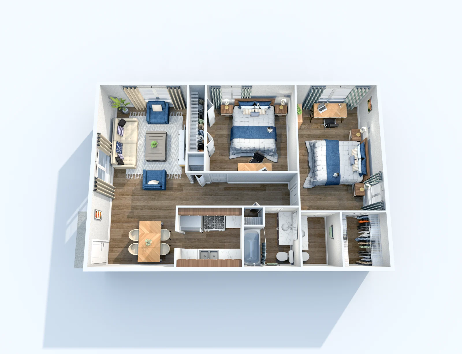 Miramar — floor plan, Plan B2 · 2 bed · 1.5 baths · 1,010 sq ft