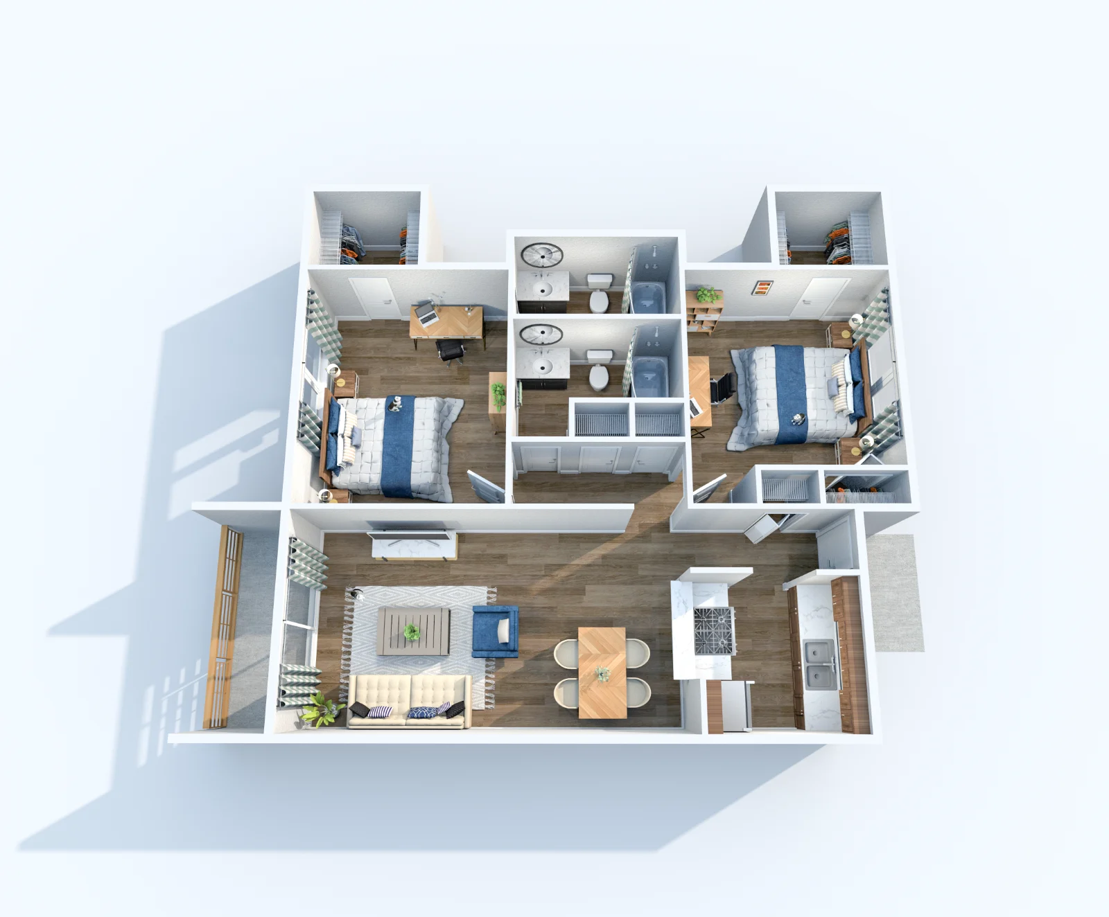 Miramar — floor plan, Plan B3 · 2 bed · 2 baths · 1,055 sq ft